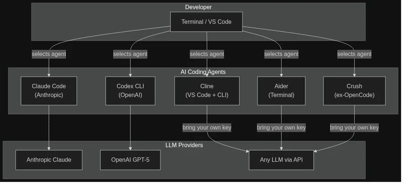 Архитектура AI coding agents: разработчик выбирает агента, агент обращается к LLM-провайдеру