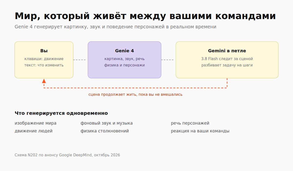 Схема Genie 4: управление клавишами и текстом, генерация мира, Gemini в петле