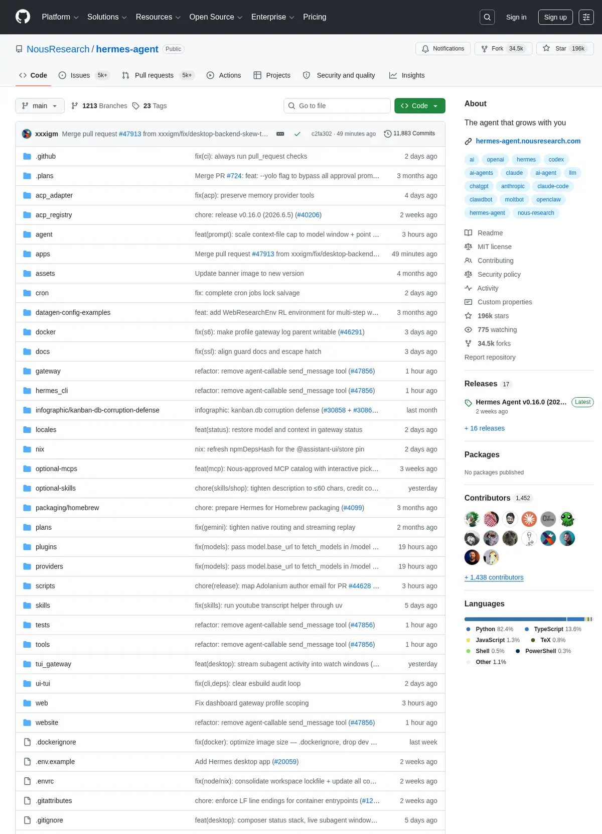 Hermes Agent на GitHub — 196K звёзд