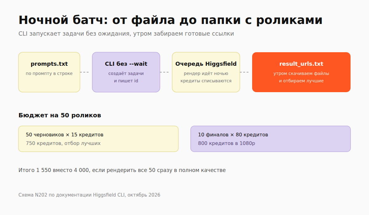 Схема ночного батча Higgsfield CLI: файл промптов, создание задач, очередь, сбор ссылок