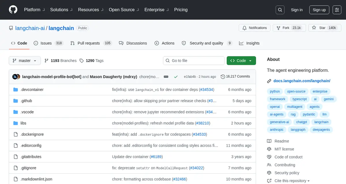 LangChain на GitHub — 140K звёзд, ведущий RAG-фреймворк