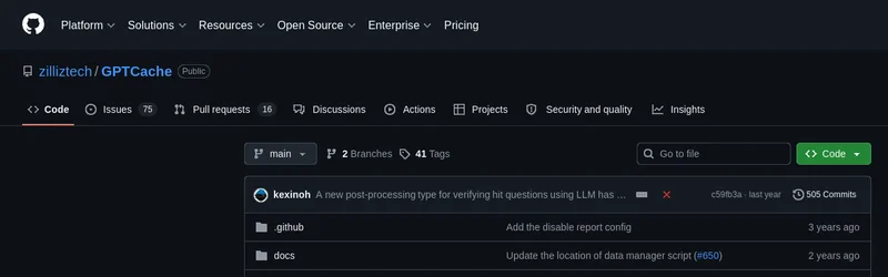 GPTCache GitHub repository: 8 092 stars, MIT license
