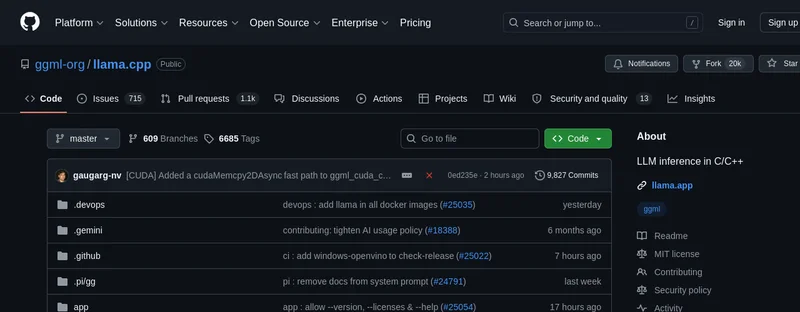 Репозиторий llama.cpp на GitHub: звёзды, форки, описание