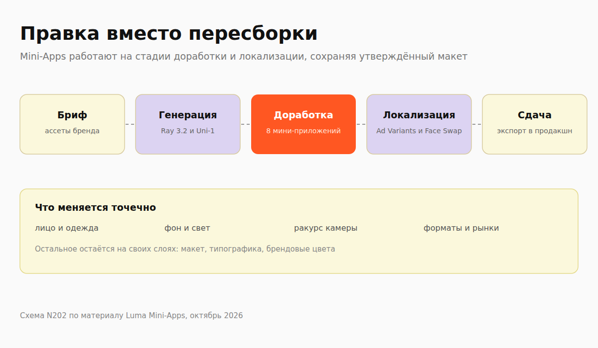 Пять стадий работы с креативом: бриф, генерация, доработка мини-приложениями, локализация, сдача