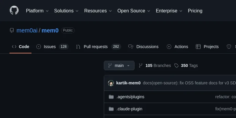 GitHub страница Mem0: 59.5K звёзд, Python, Apache-2.0