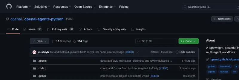 GitHub-страница OpenAI Agents SDK: 27K+ звёзд, 4.2K форков, MIT-лицензия