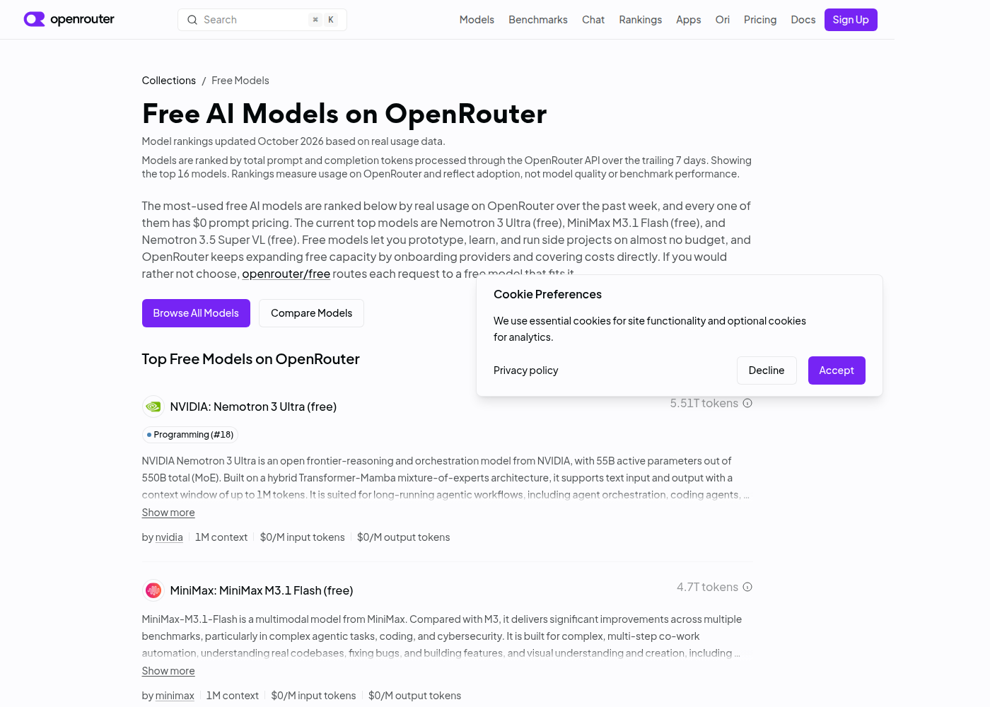 Каталог бесплатных моделей OpenRouter